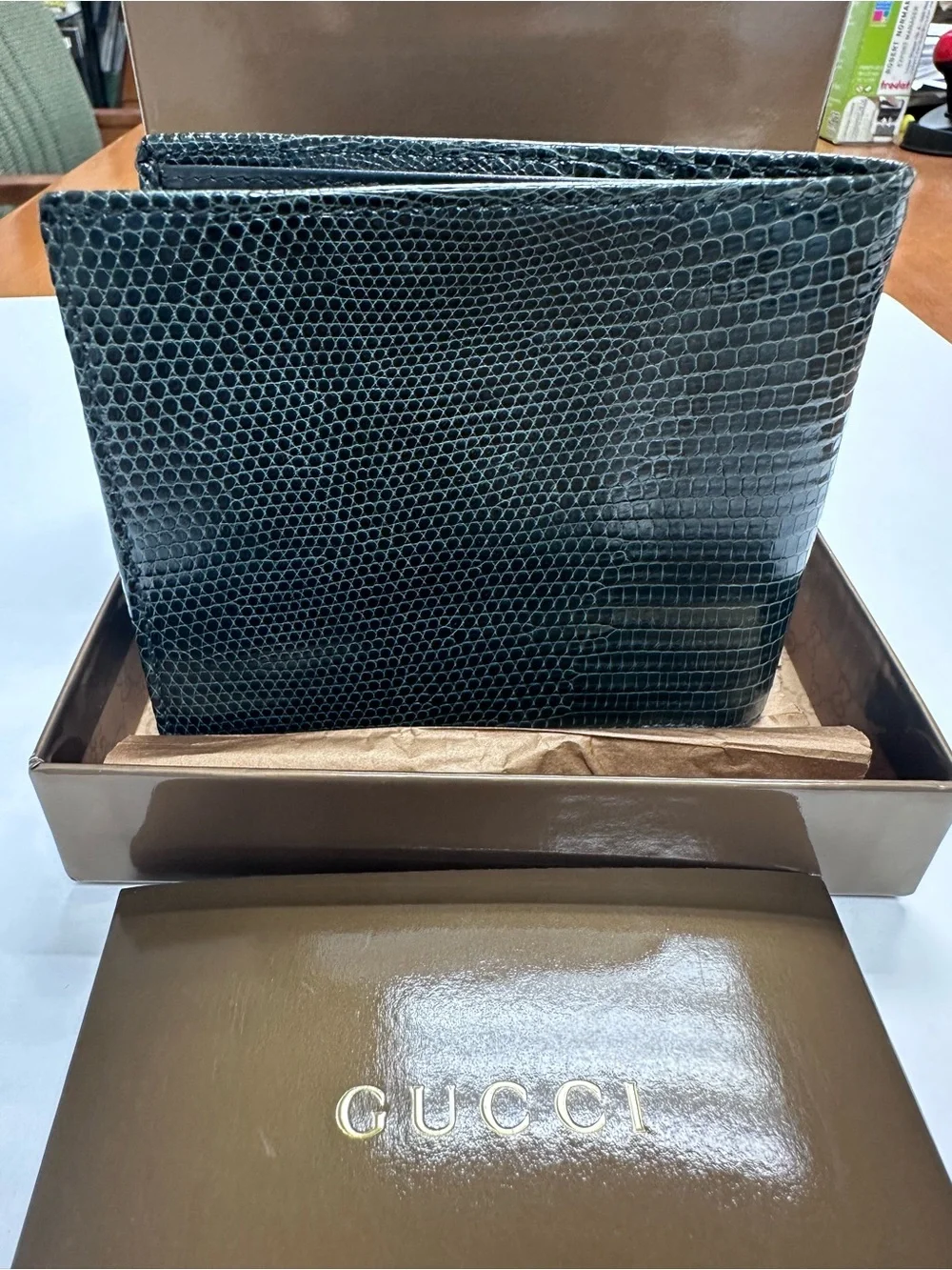 Gucci Green Lizard-Embossed Leather Bifold Wallet